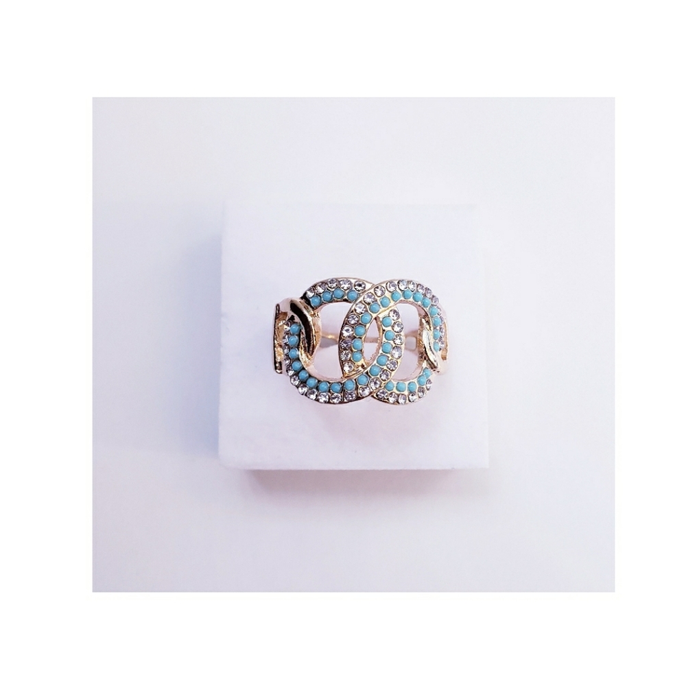 Double Circle Loop Turquoise Beaded & Crystal Rhinestone Gold Tone Ring
